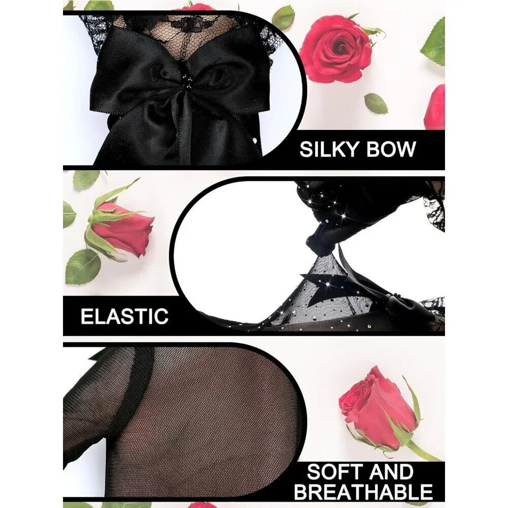 Women's Evening Rhinestones Black Short Lace Bow Gloves Accessories Halloween